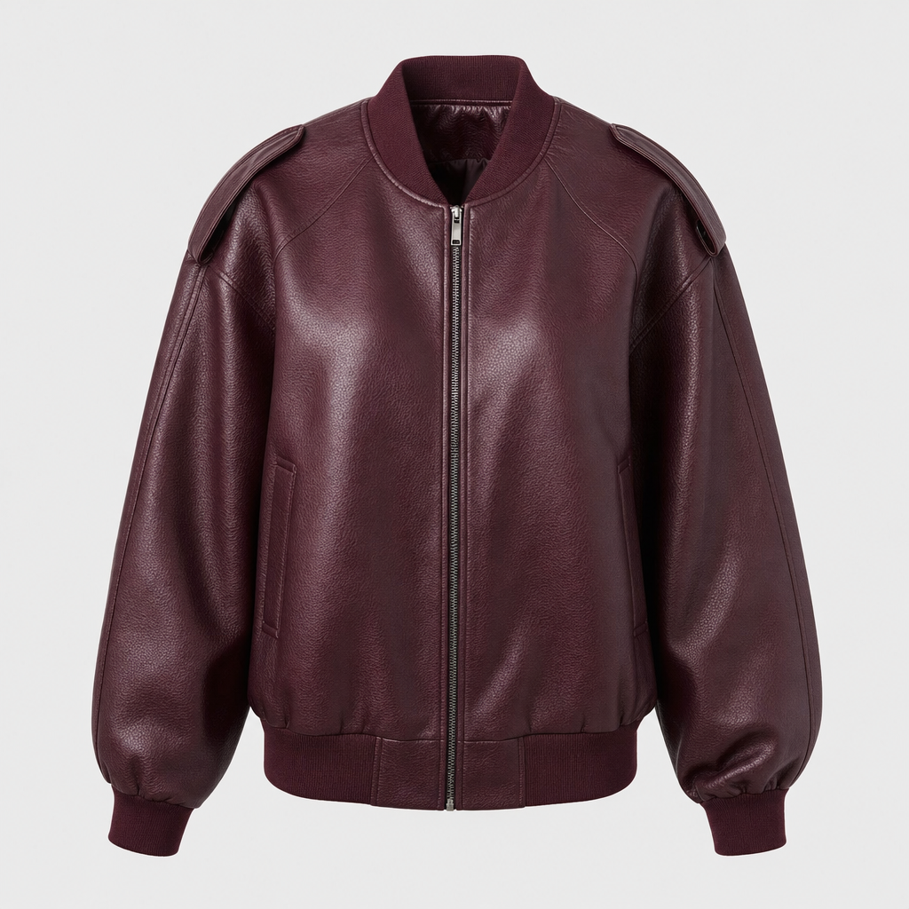 Elmswell Faux Leather Bomber in burgundy, product shot