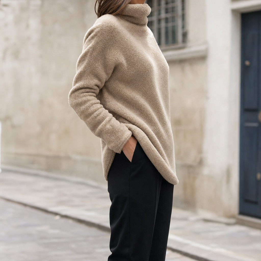 Woman wearing the Elstow Velvet-Lined Roll Neck, side view