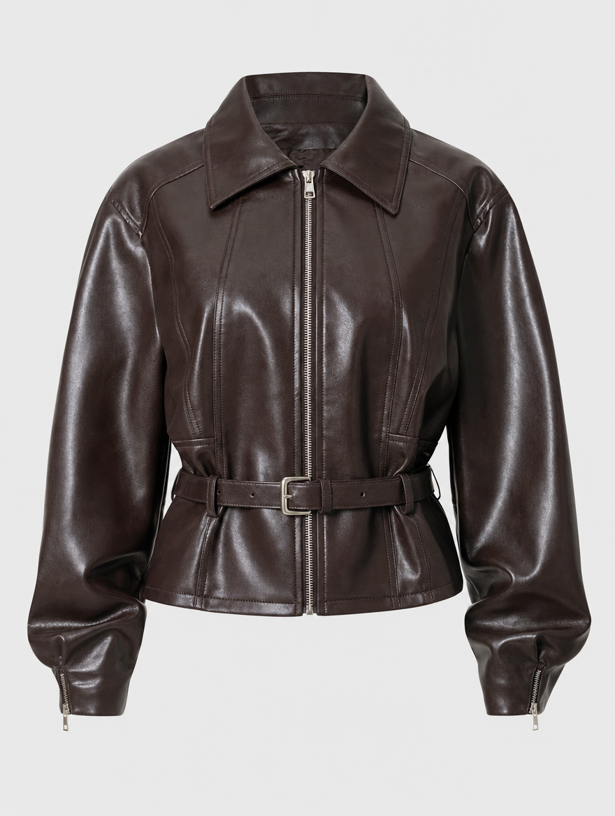 Elverton Belted Faux Leather Jacket in brown