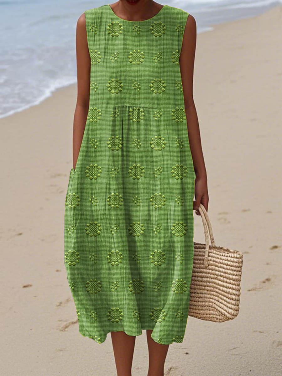 Maria Sleeveless Textured Midi Dress with Pockets