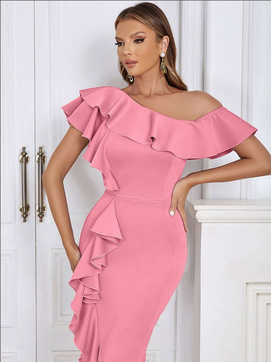 Katharina Fitted Asymmetric Ruffle One-Shoulder Midi Dress