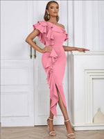 Katharina Fitted Asymmetric Ruffle One-Shoulder Midi Dress