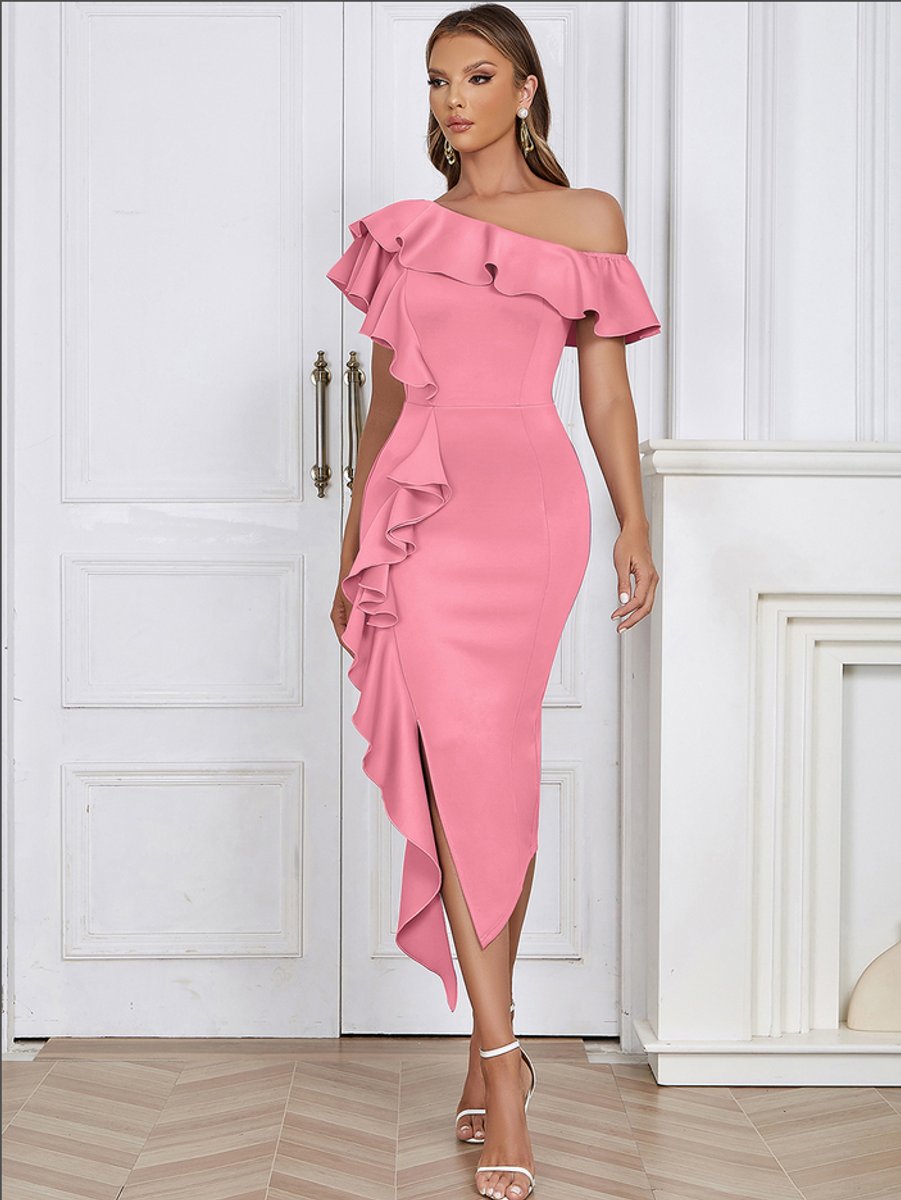Katharina Fitted Asymmetric Ruffle One-Shoulder Midi Dress