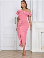 Katharina Fitted Asymmetric Ruffle One-Shoulder Midi Dress