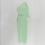 Nora Fitted One-Shoulder Draped Midi Dress with Slit