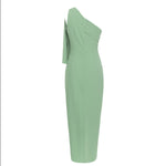 Nora Fitted One-Shoulder Draped Midi Dress with Slit