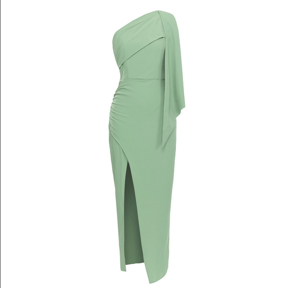 Nora Fitted One-Shoulder Draped Midi Dress with Slit
