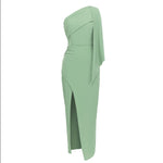 Nora Fitted One-Shoulder Draped Midi Dress with Slit