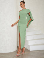 Nora Fitted One-Shoulder Draped Midi Dress with Slit