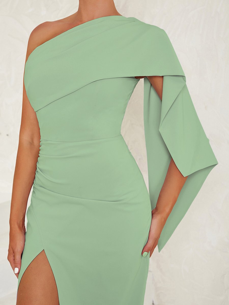 Nora Fitted One-Shoulder Draped Midi Dress with Slit