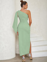 Nora Fitted One-Shoulder Draped Midi Dress with Slit