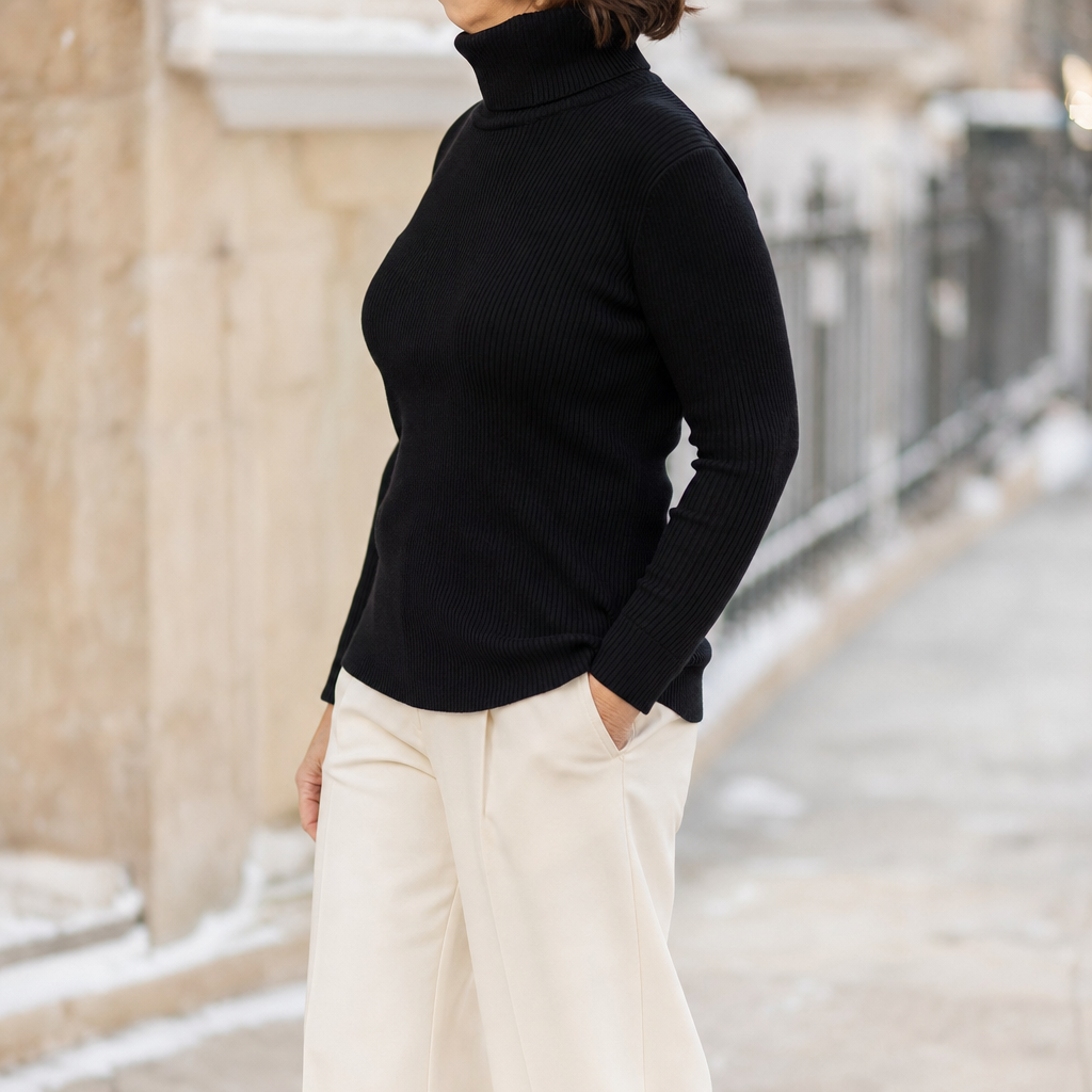 Harlow Roll Neck Sweater in black, side view