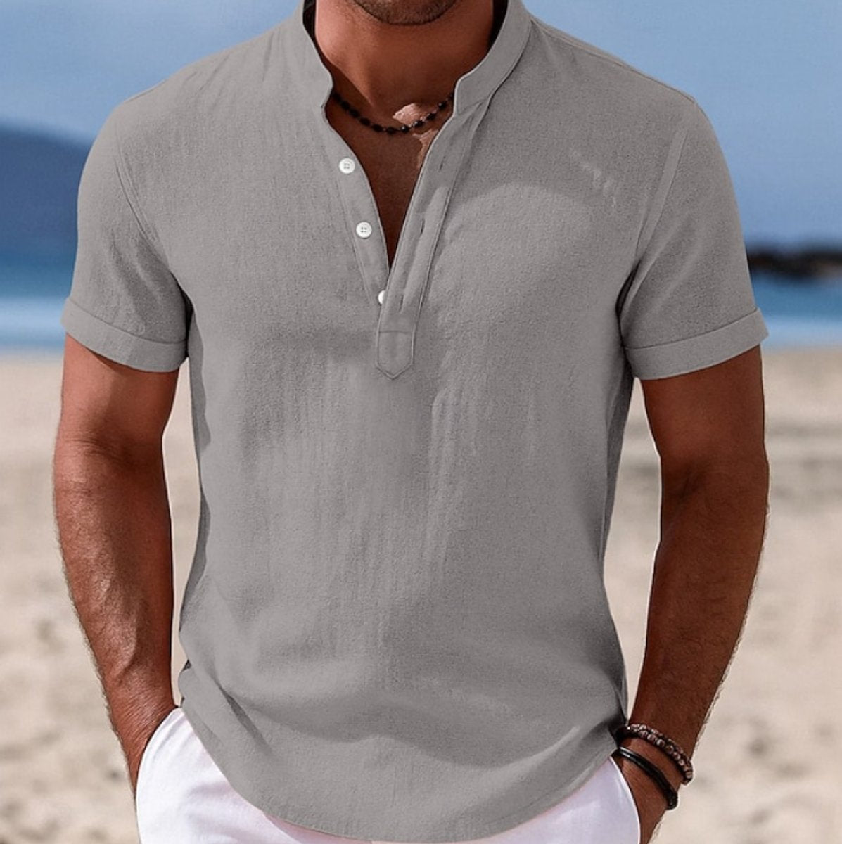Moritz Short-Sleeve Linen Shirt with Band Collar