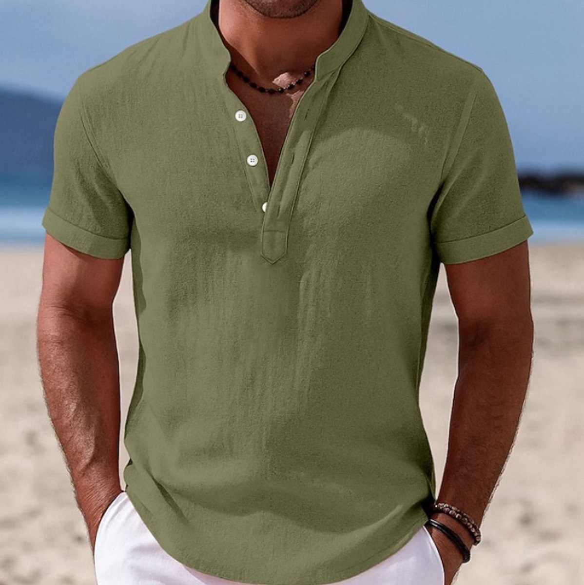 Moritz Short-Sleeve Linen Shirt with Band Collar