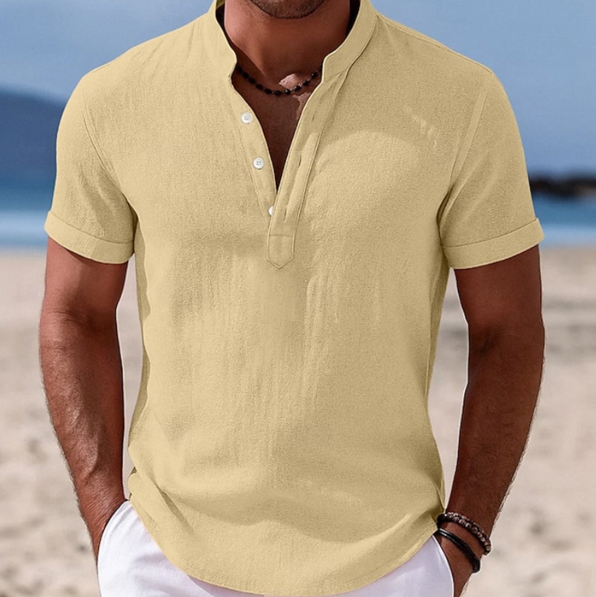 Moritz Short-Sleeve Linen Shirt with Band Collar