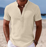 Moritz Short-Sleeve Linen Shirt with Band Collar
