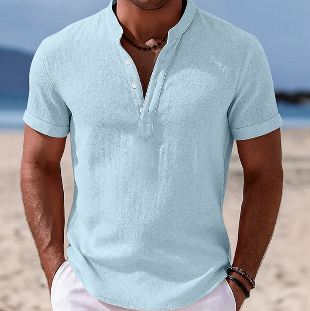 Moritz Short-Sleeve Linen Shirt with Band Collar