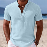Moritz Short-Sleeve Linen Shirt with Band Collar