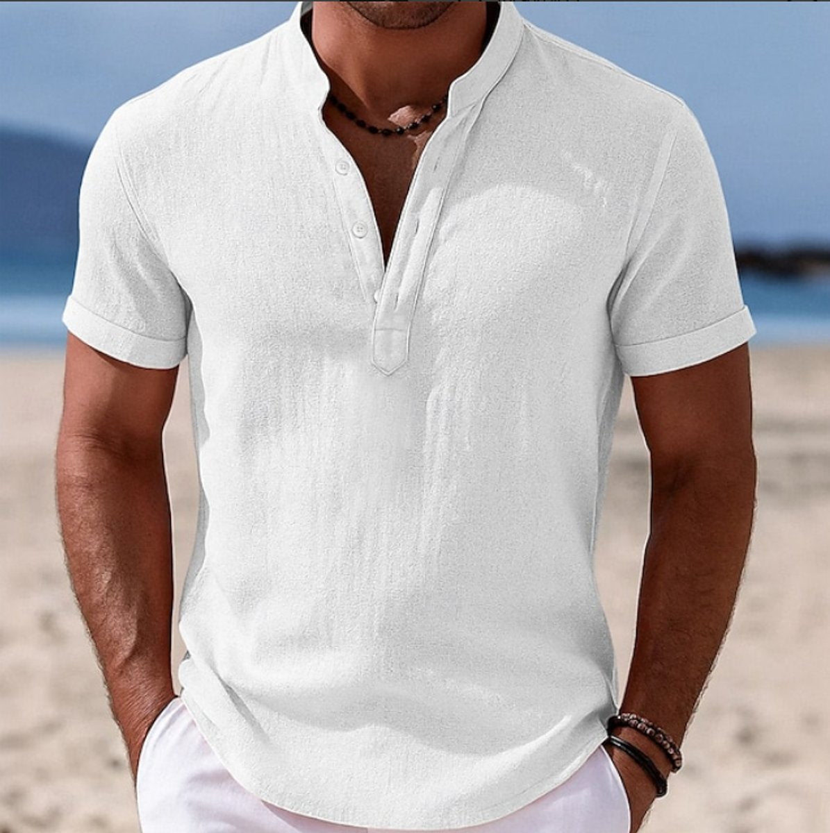Moritz Short-Sleeve Linen Shirt with Band Collar