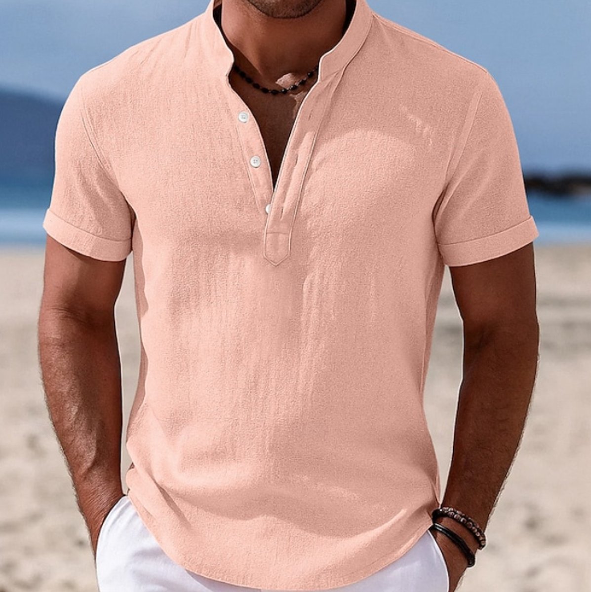 Moritz Short-Sleeve Linen Shirt with Band Collar