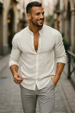 Tobias Long-Sleeve Linen Shirt with Grandad Collar