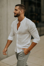 Tobias Long-Sleeve Linen Shirt with Grandad Collar