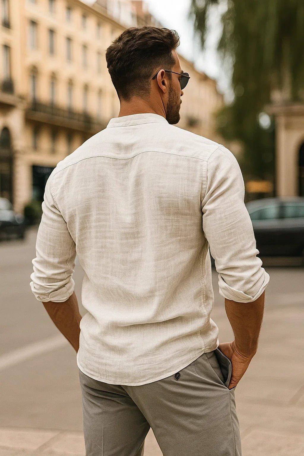 Tobias Long-Sleeve Linen Shirt with Grandad Collar