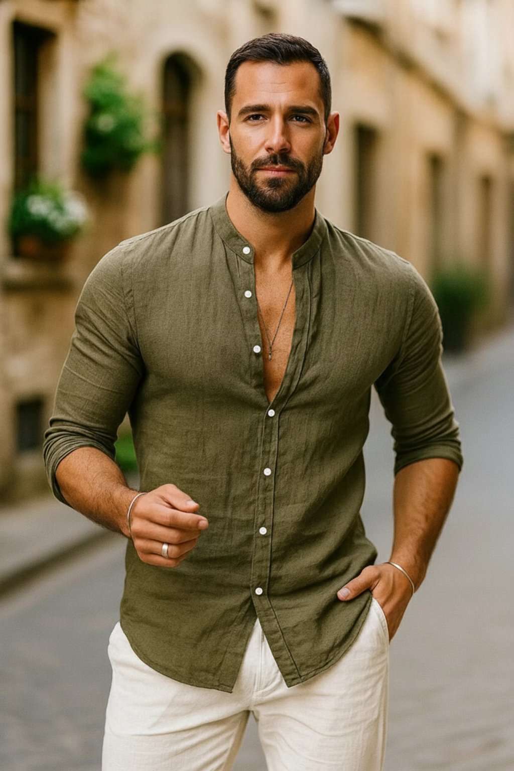 Tobias Long-Sleeve Linen Shirt with Grandad Collar