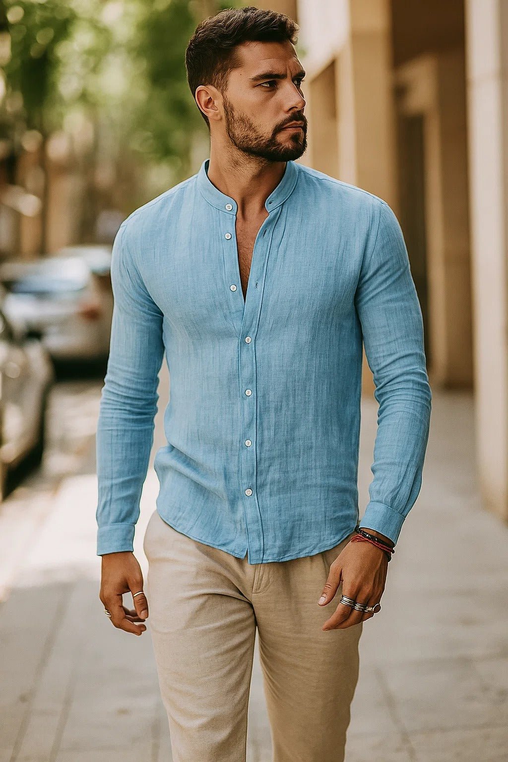 Tobias Long-Sleeve Linen Shirt with Grandad Collar