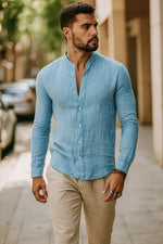 Tobias Long-Sleeve Linen Shirt with Grandad Collar