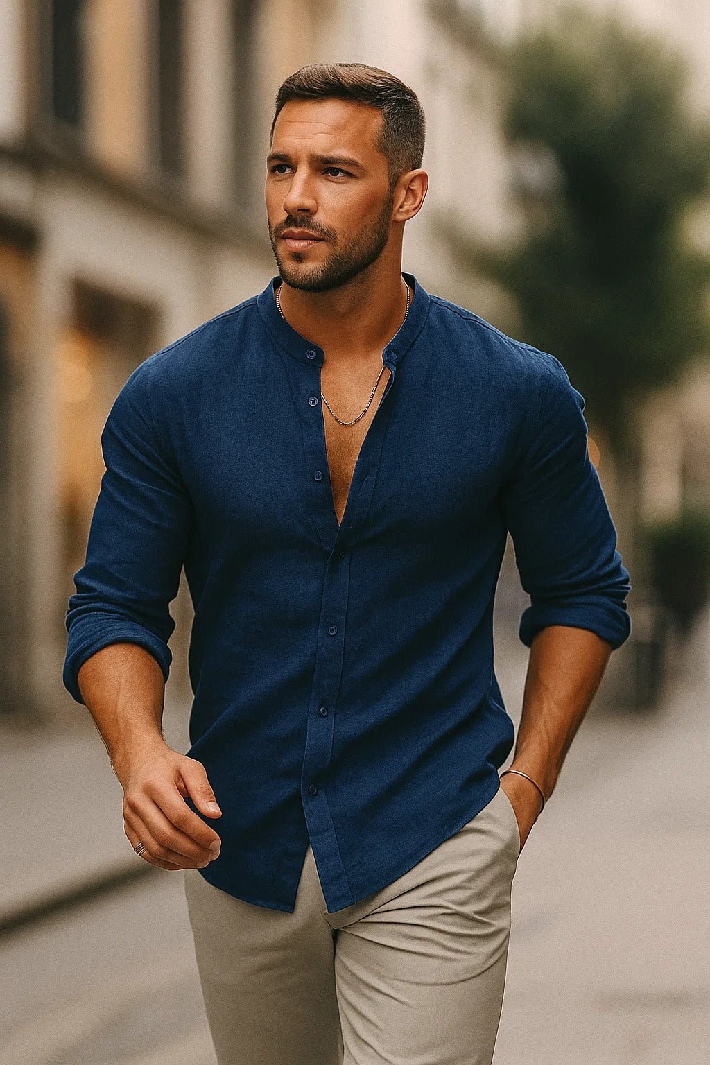 Tobias Long-Sleeve Linen Shirt with Grandad Collar