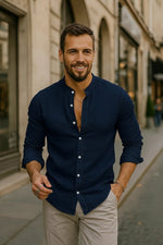 Tobias Long-Sleeve Linen Shirt with Grandad Collar