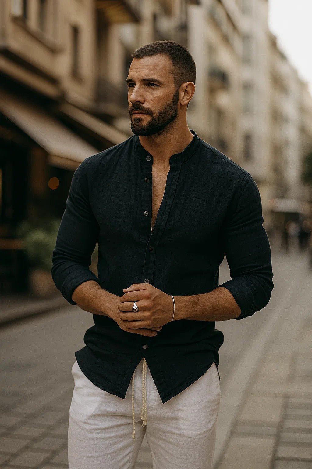 Tobias Long-Sleeve Linen Shirt with Grandad Collar