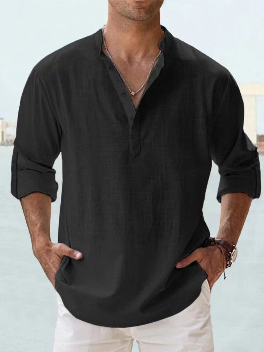 Simon Relaxed-Fit Linen Shirt with Stand Collar
