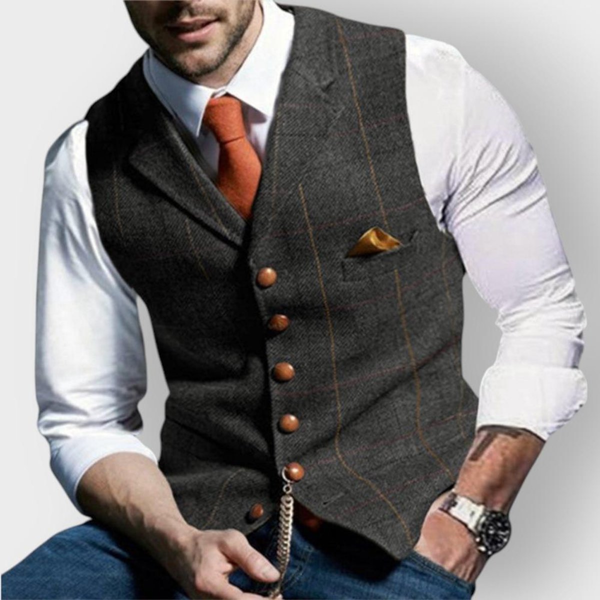 Felix Slim-Fit Tweed Vest with Decorative Buttons and Chest Pocket