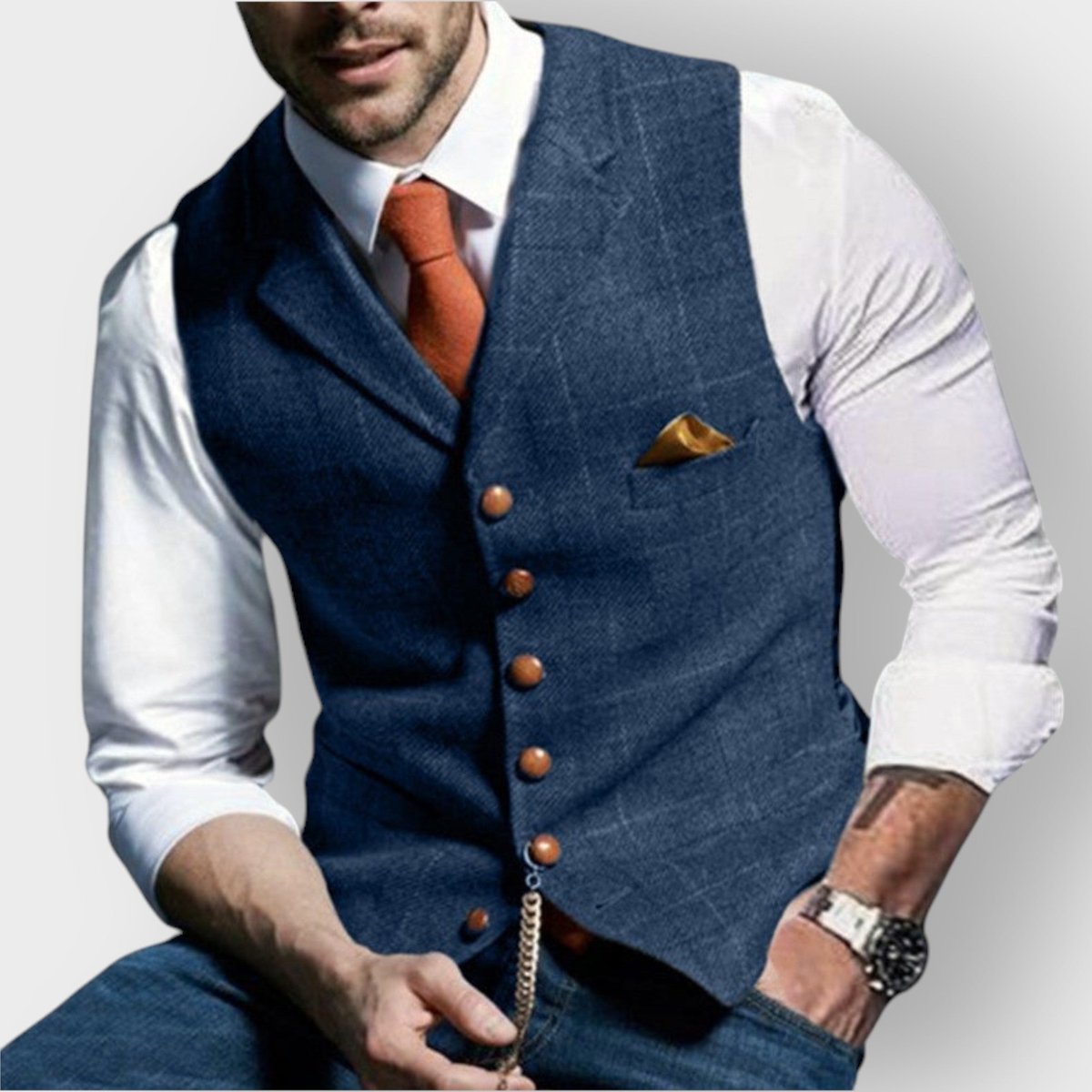 Felix Slim-Fit Tweed Vest with Decorative Buttons and Chest Pocket