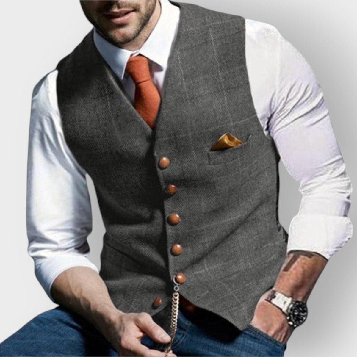 Felix Slim-Fit Tweed Vest with Decorative Buttons and Chest Pocket