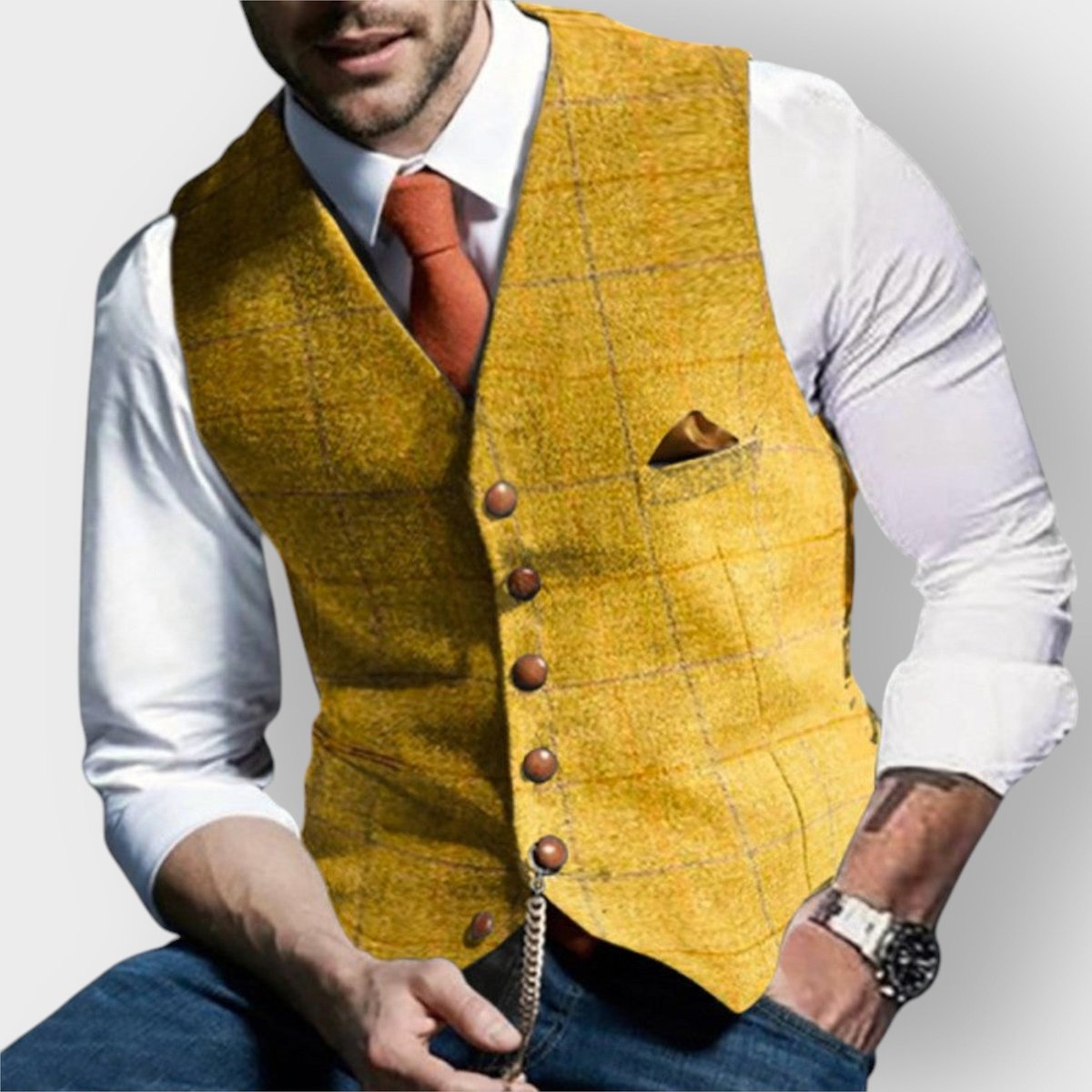 Felix Slim-Fit Tweed Vest with Decorative Buttons and Chest Pocket
