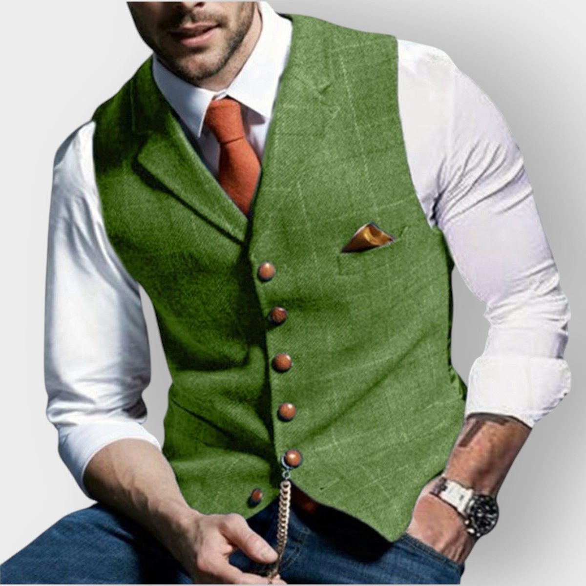 Felix Slim-Fit Tweed Vest with Decorative Buttons and Chest Pocket