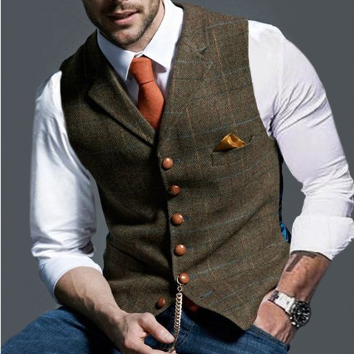 Felix Slim-Fit Tweed Vest with Decorative Buttons and Chest Pocket