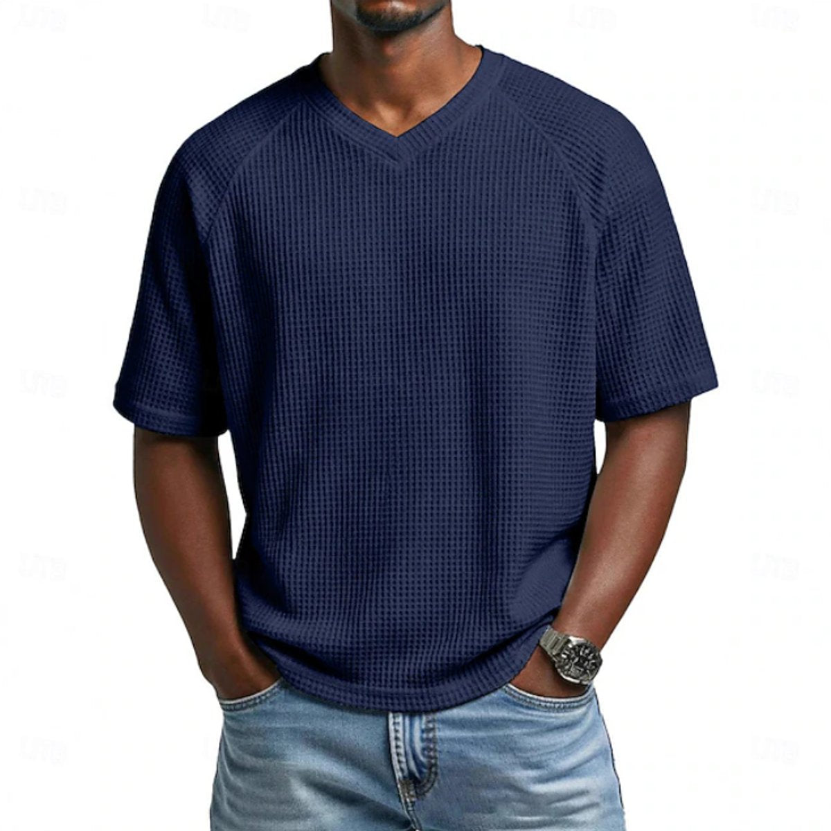 Niklas Waffle-Knit Raglan V-Neck Tee