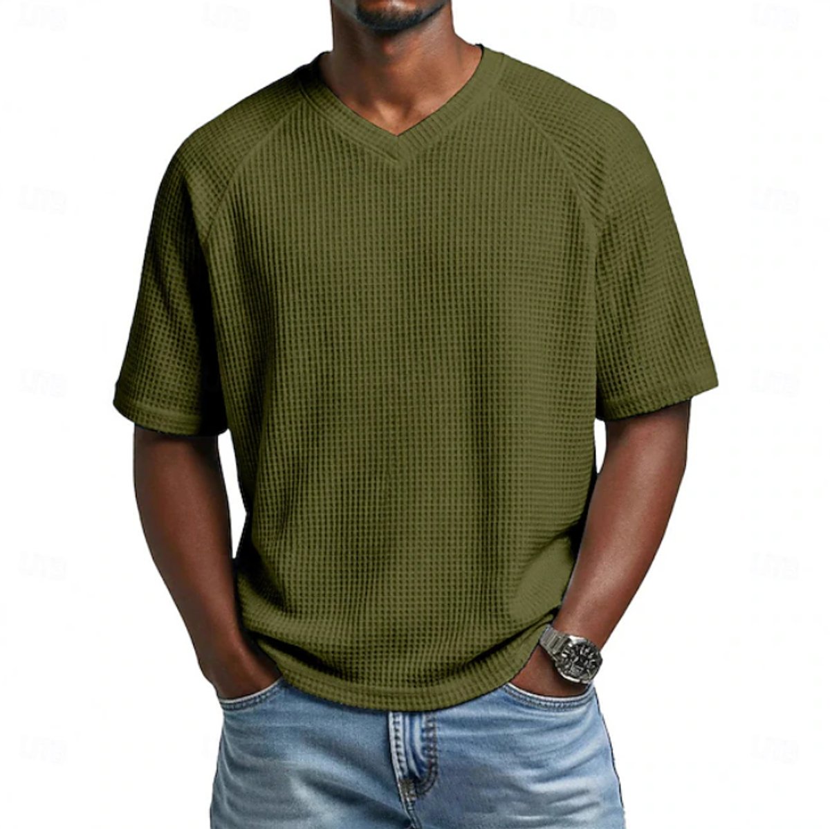 Niklas Waffle-Knit Raglan V-Neck Tee