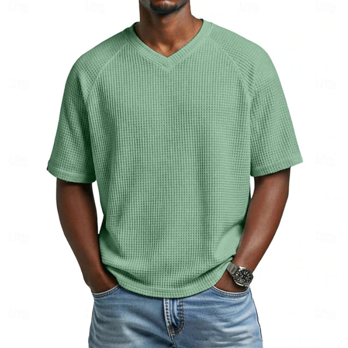 Niklas Waffle-Knit Raglan V-Neck Tee