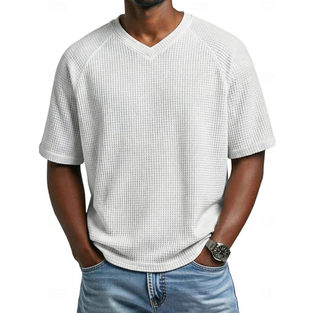 Niklas Waffle-Knit Raglan V-Neck Tee