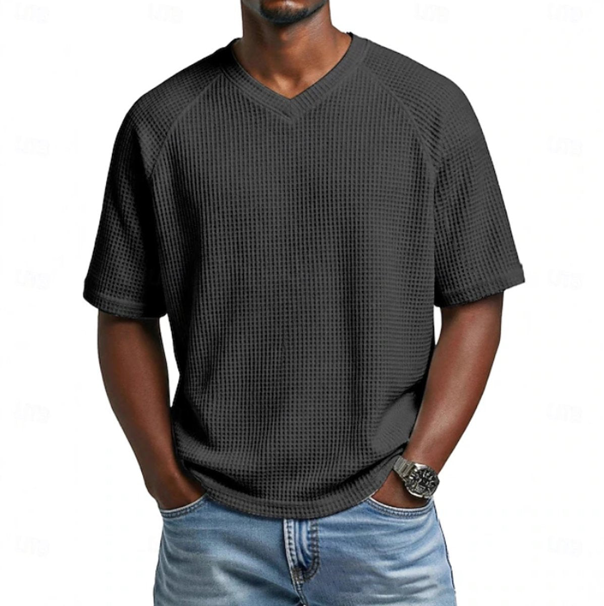 Niklas Waffle-Knit Raglan V-Neck Tee