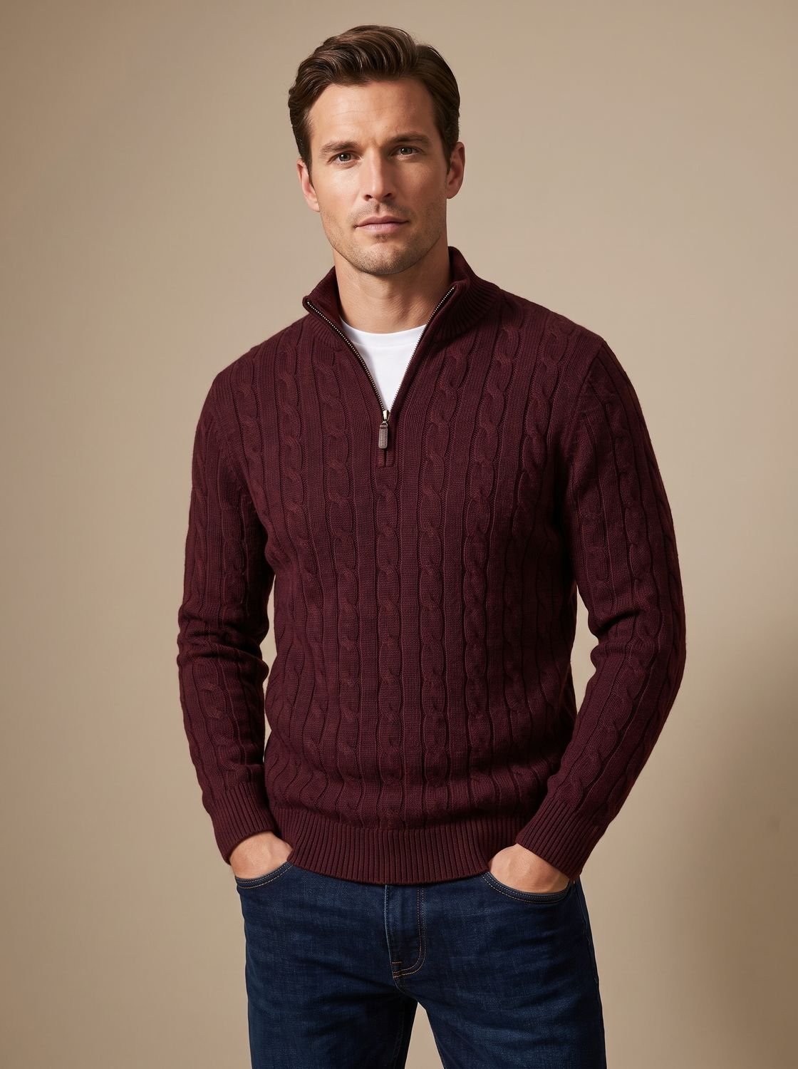 Florian Cable Knit Zip Mock Neck Sweater