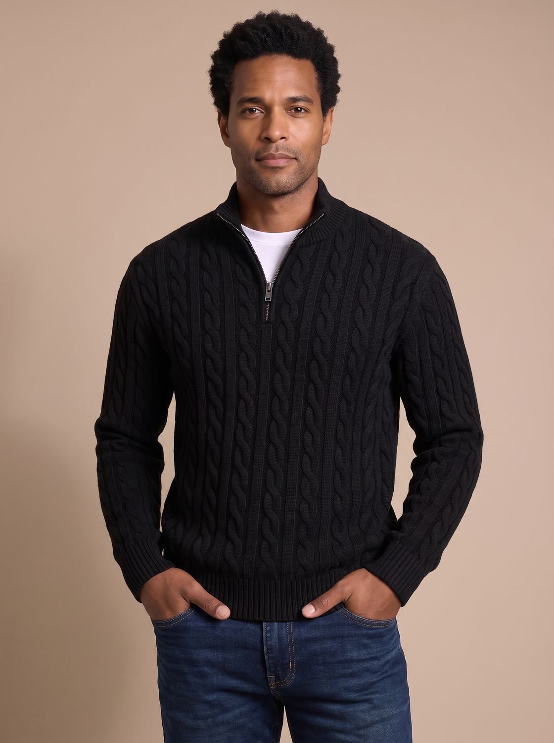Florian Cable Knit Zip Mock Neck Sweater