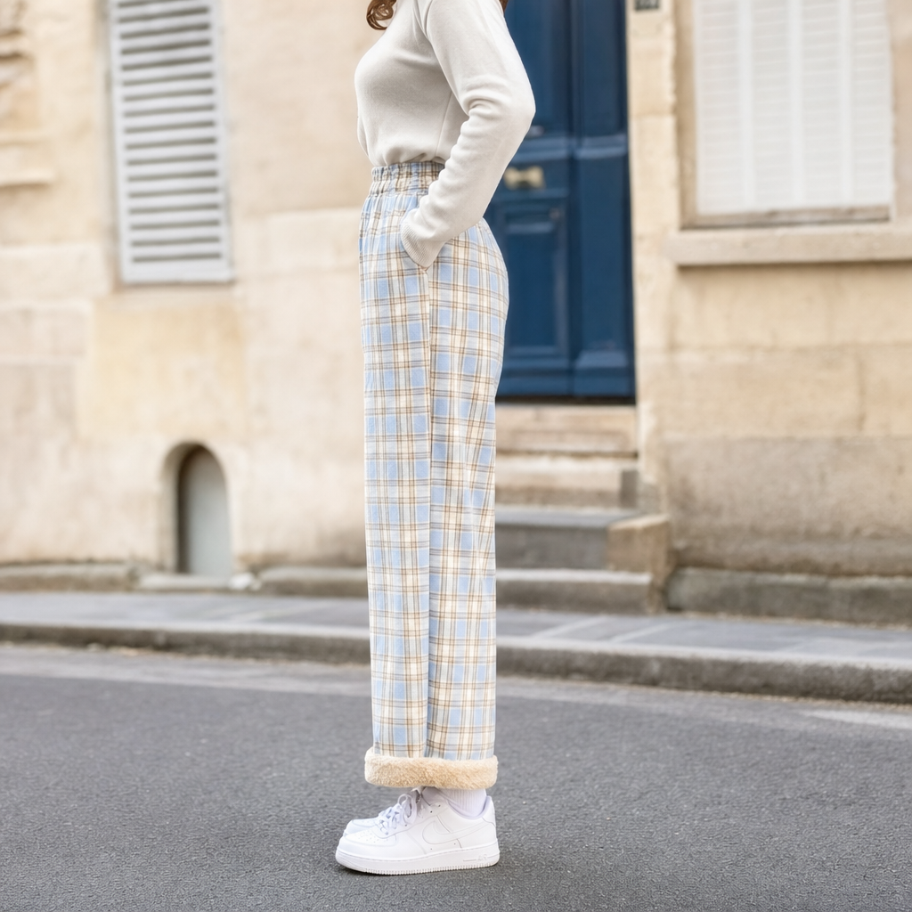 Blythe checked wide leg trousers, side profile view