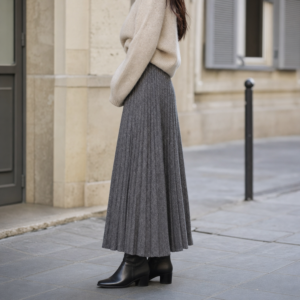 Marlowe pleated midi skirt, side profile view