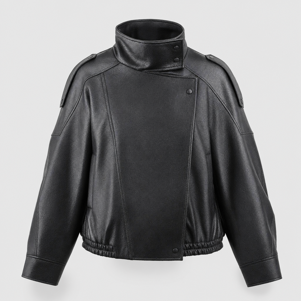 Kingsley cropped faux leather bomber in black, product shot